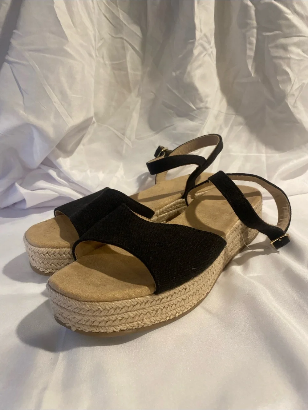 Old Navy Women’s Black Linen Espadrille Wedge Sandals Ankle Strap Buckle 10